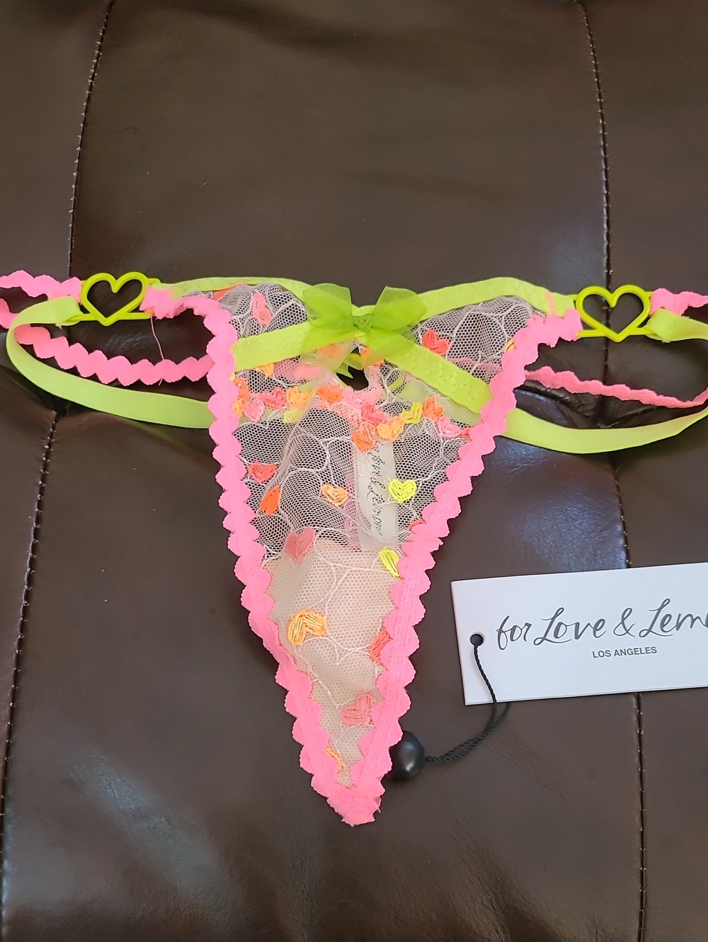 For Love And Lemons Tossed Heart Embroidery Thong Panty Neon Yellow XXS NEW